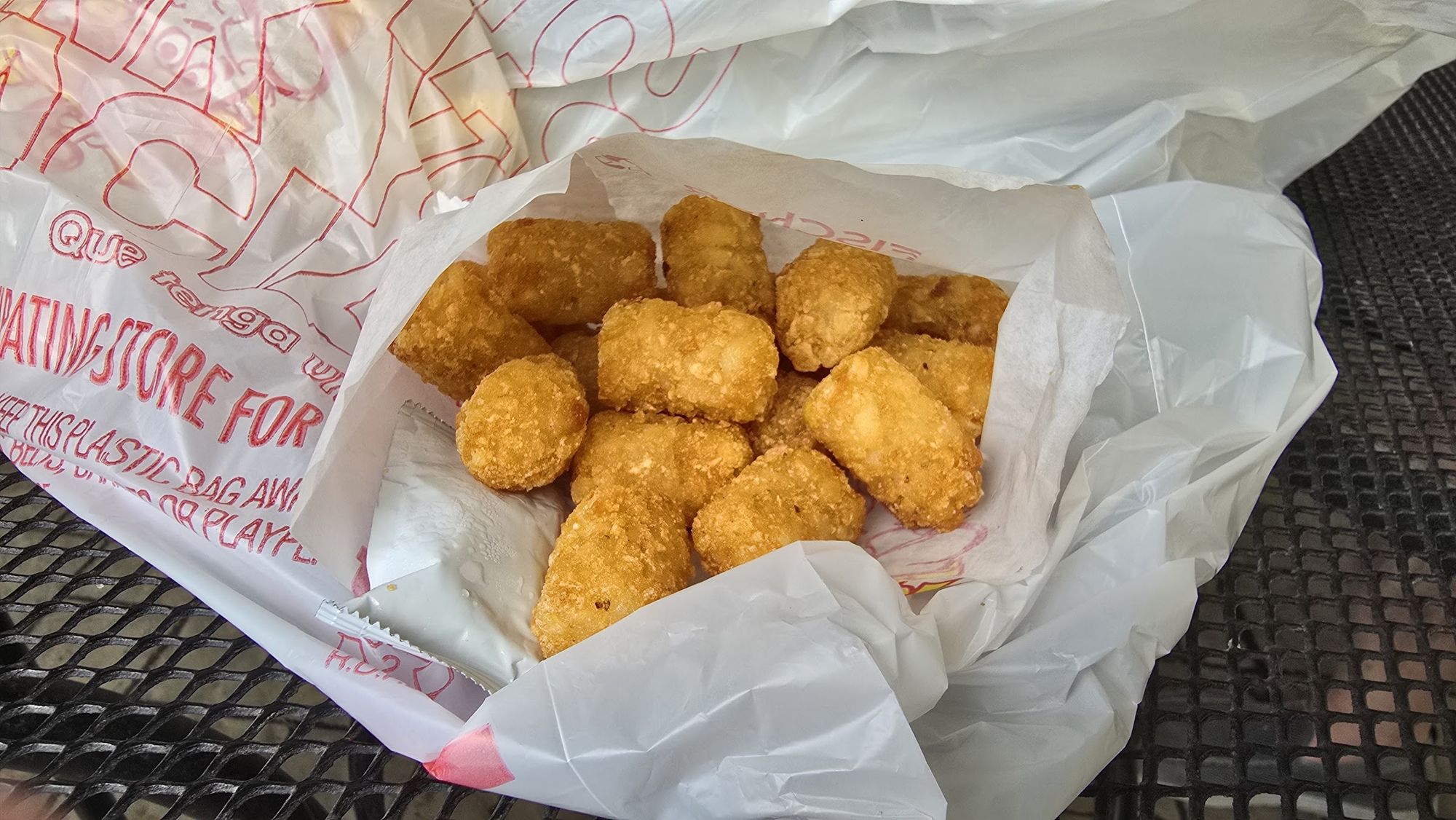 Tater tots, out at the picnic tables